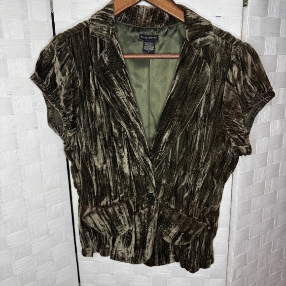 FANG Jackets & Blazers - Fang Olive Green Crushed Velvet Short Sleeve Blazer Jacket Large Y2K Whimsigoth